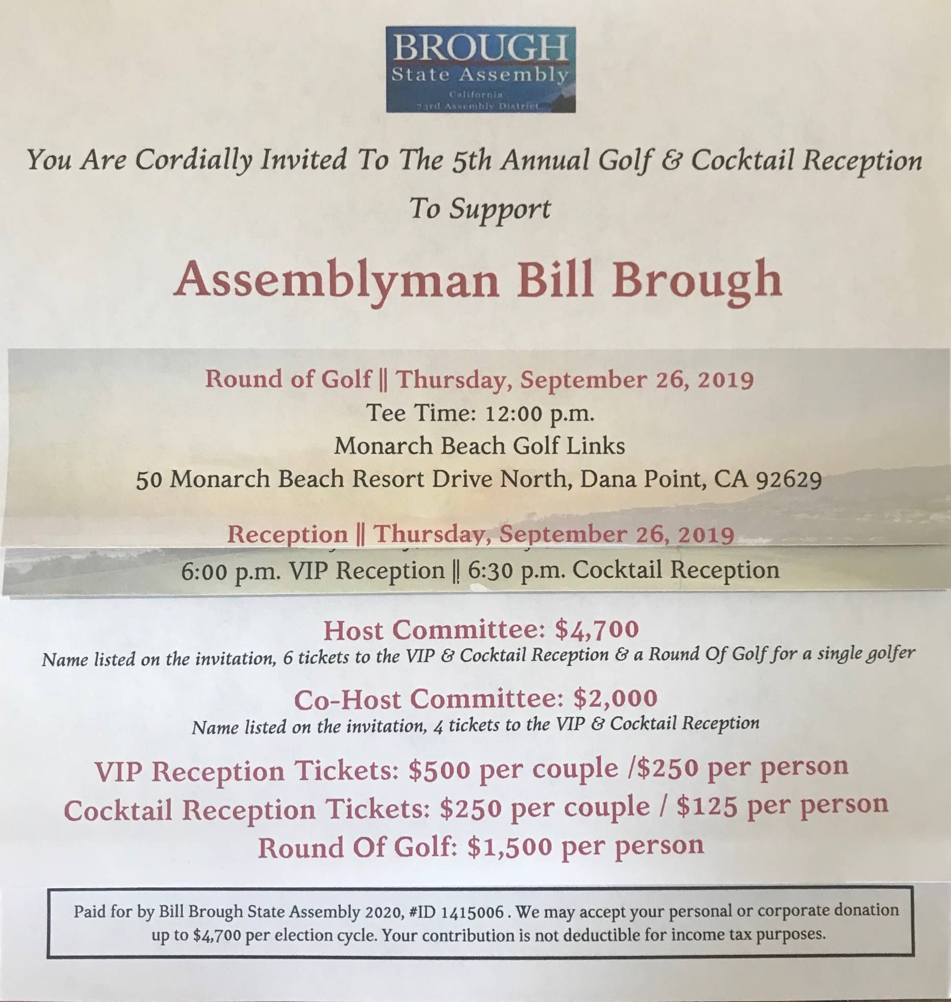 AD-73 Update: Sloshball Fundraiser for William “Bill” Brough! “Golf” and Cocktail Reception! (And an Interesting Aside About Bill’s Sacramento Role)