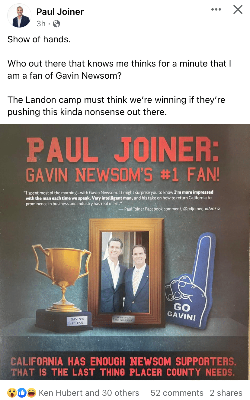 Placer SUP D2 Update: About that I Love Newsom Comment by Paul Joiner. See His Own Words Here. (And the other side of the mailer too)