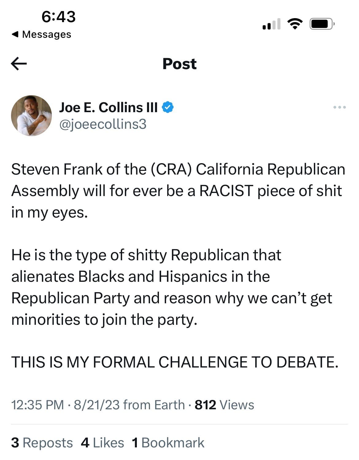 Joe Collins Challenges Steve Frank to a Debate – Let Your Intrepid Blogger Moderate
