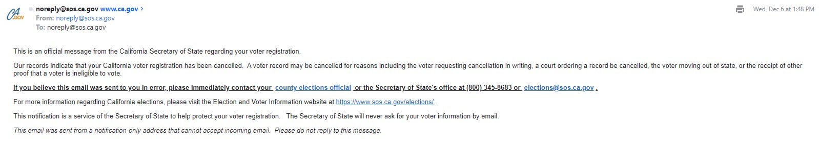 3 1/2 Years Later the California Secretary of State Notifies Me They Are Cancelling my Voter Registration